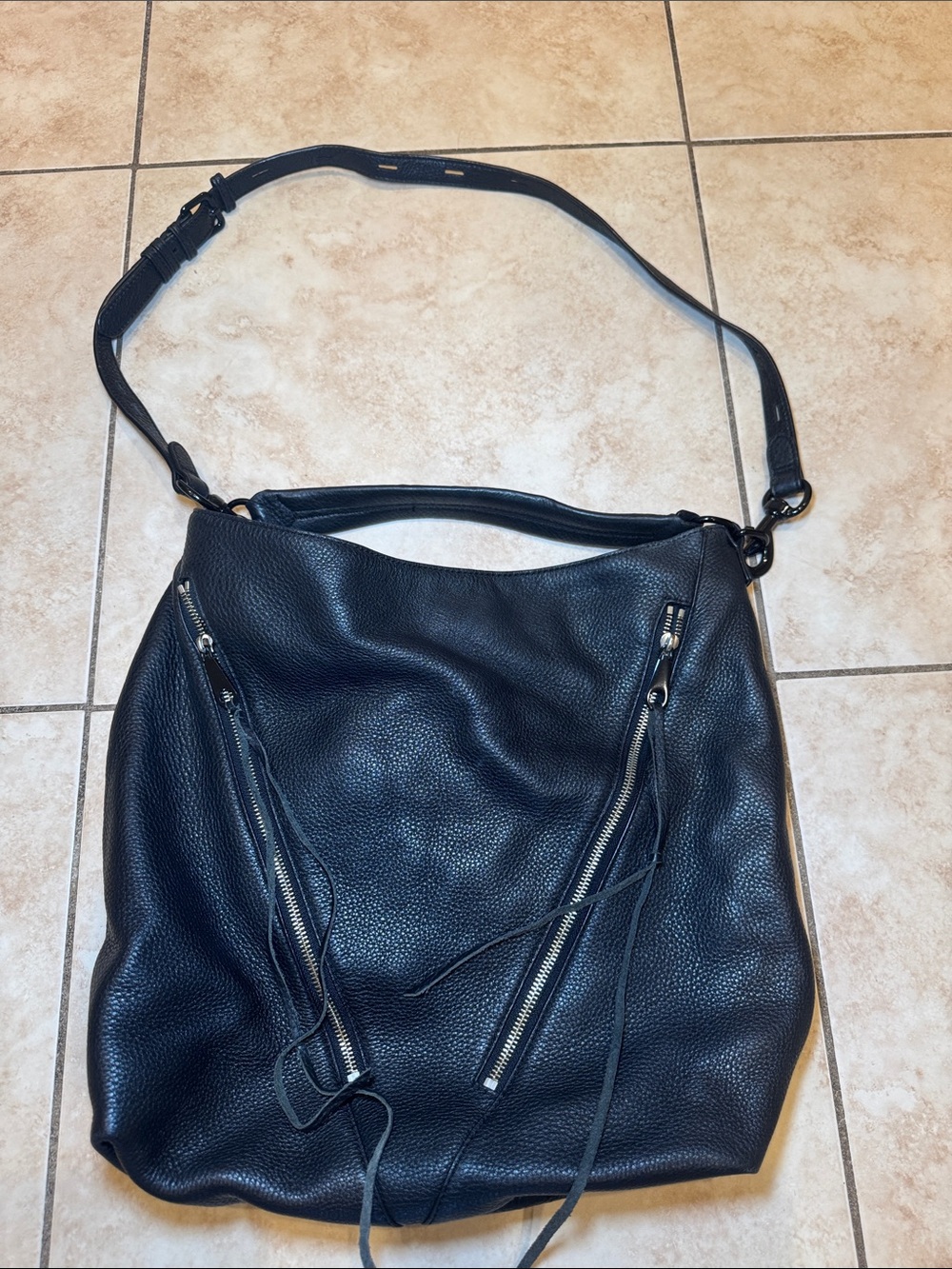 Rebecca Minkoff Black Pebbled Leather Crossbody Hobo with Diagonal Zips